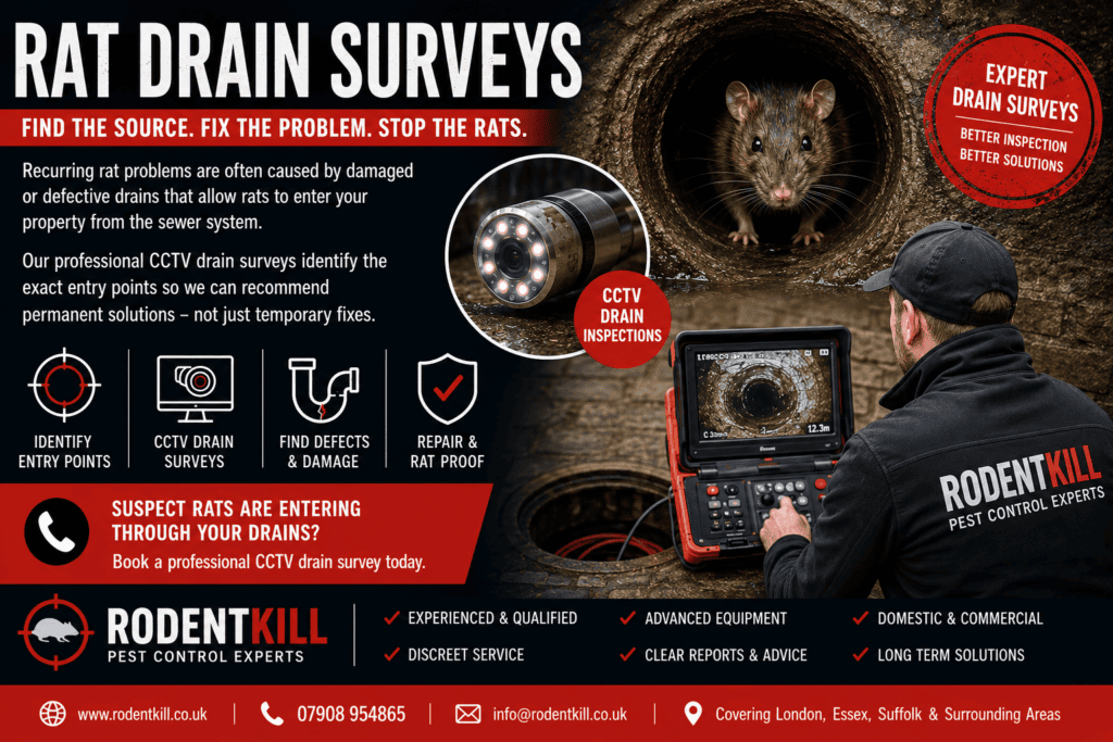 Professional CCTV rat drain survey inspecting damaged drains for rat entry points at a UK property by RodentKill.