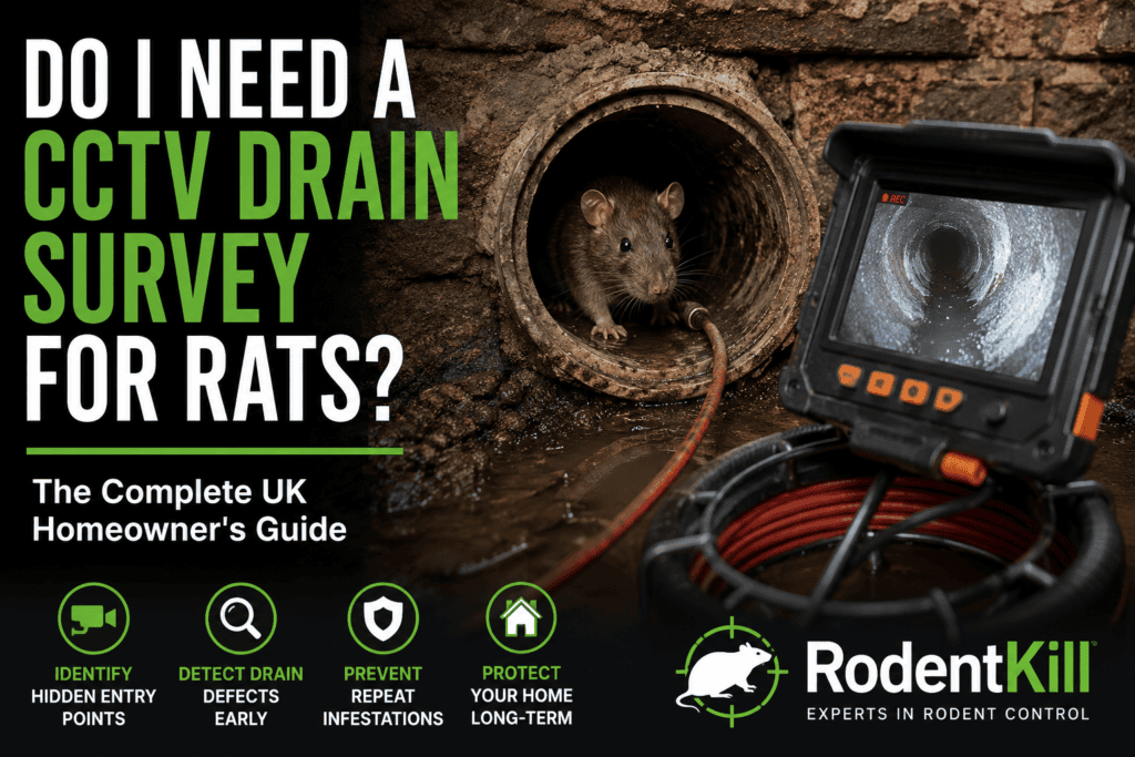 Professional CCTV drain survey showing a drain inspection camera investigating a damaged UK drain with a rat, illustrating how CCTV surveys identify rat entry points and drain defects.