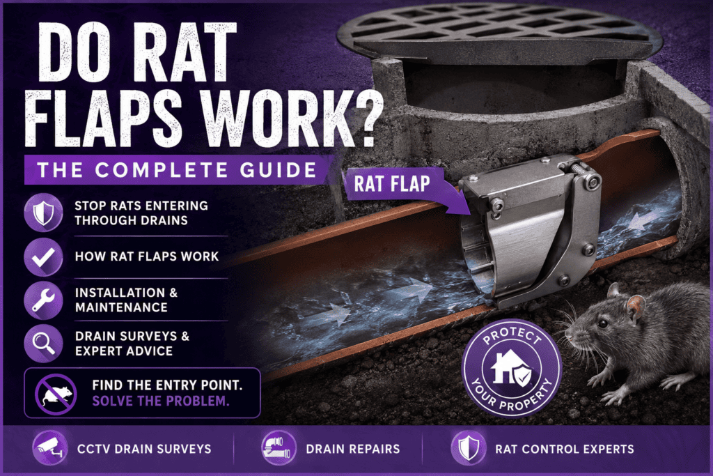 Professional drain rat flap installed in a UK inspection chamber preventing rats entering a property through damaged drains and sewers.