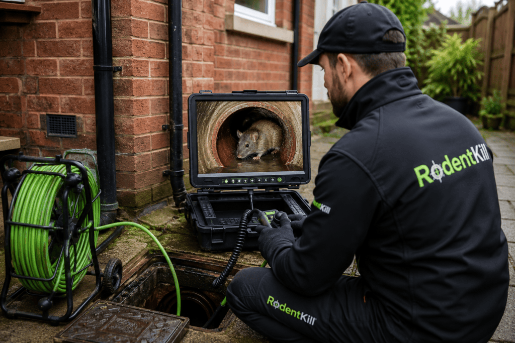 Professional pest controller carrying out a CCTV drain survey to locate rat entry points beneath a UK home