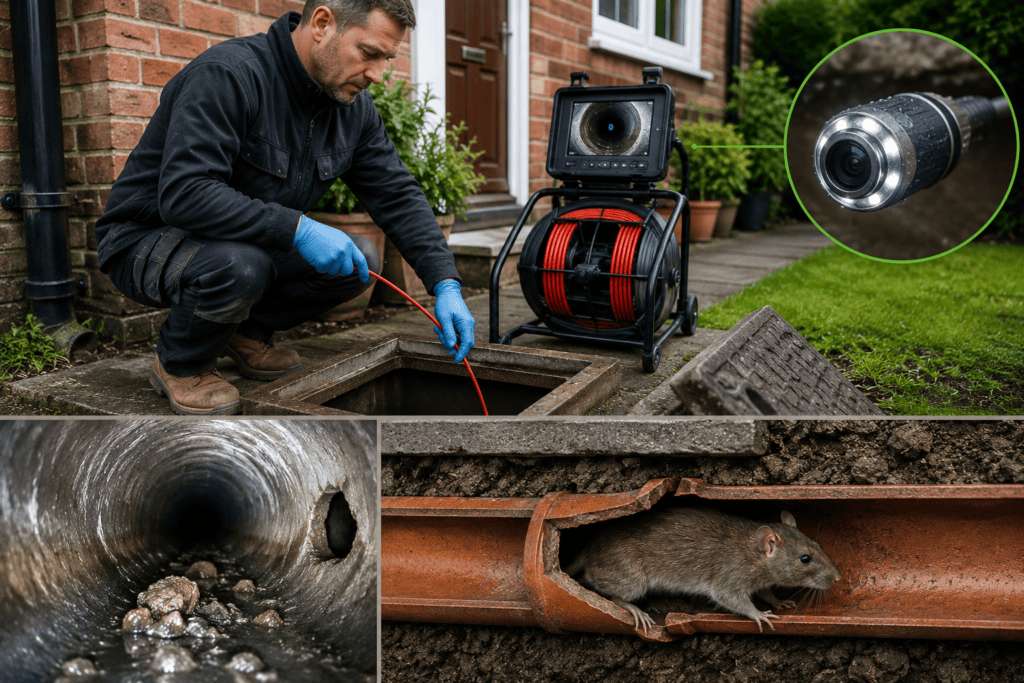Professional CCTV rat drain survey at a UK home showing a drain camera inspection and a damaged clay drain allowing rats to escape from the sewer.
