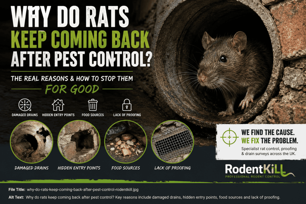 Brown rat emerging from a damaged drain pipe illustrating why rats keep coming back after pest control due to broken drains, hidden entry points and inadequate proofing in UK homes.