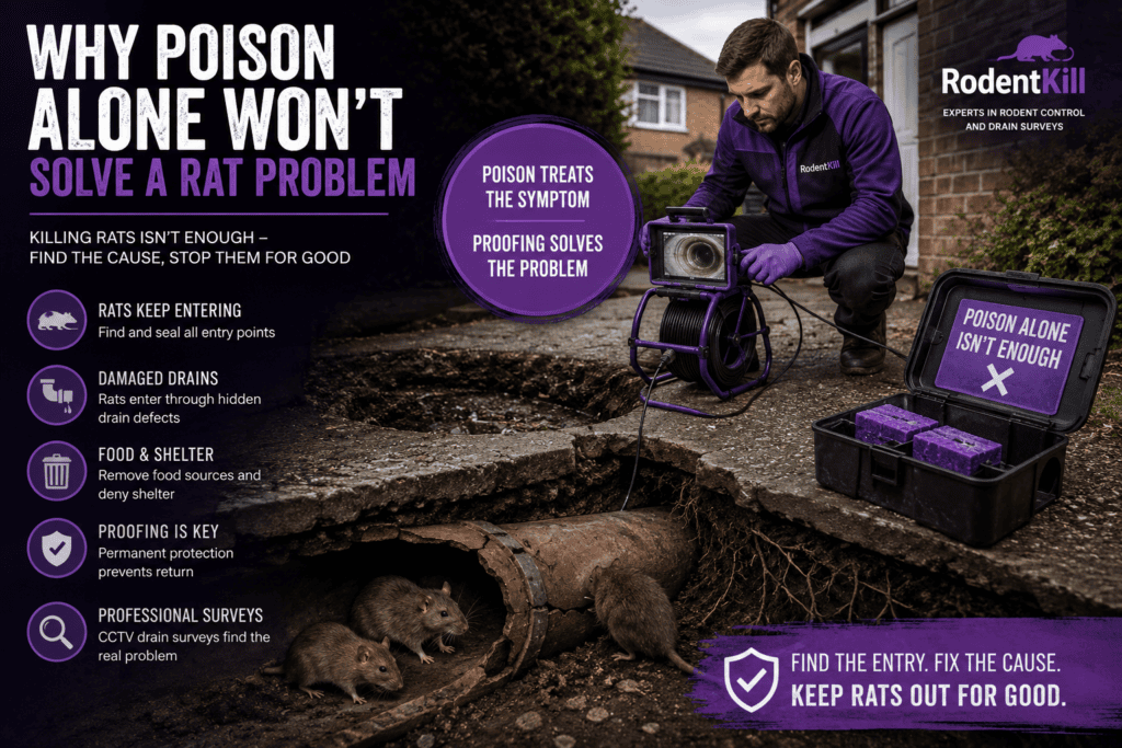 Professional CCTV drain survey showing damaged drain pipe with rats, explaining why poison alone won't solve a rat problem in a UK home.