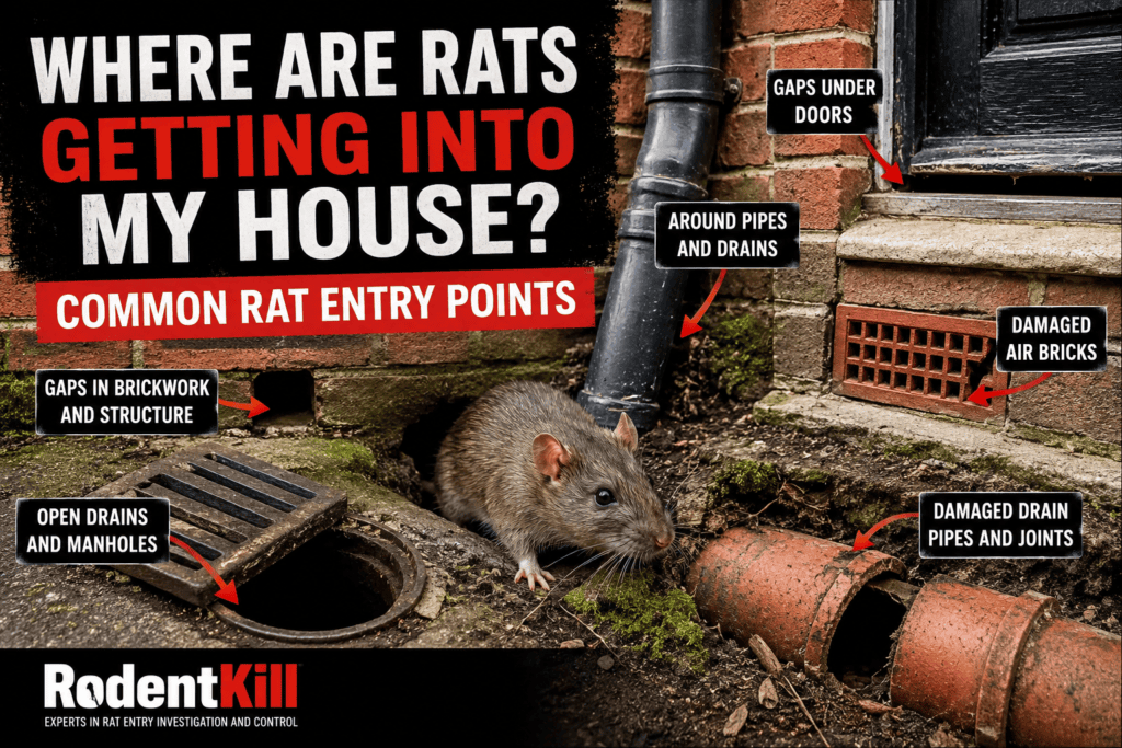 Where are rats getting into my house? Common rat entry points around pipes, drains, doors, air bricks and damaged drainage.