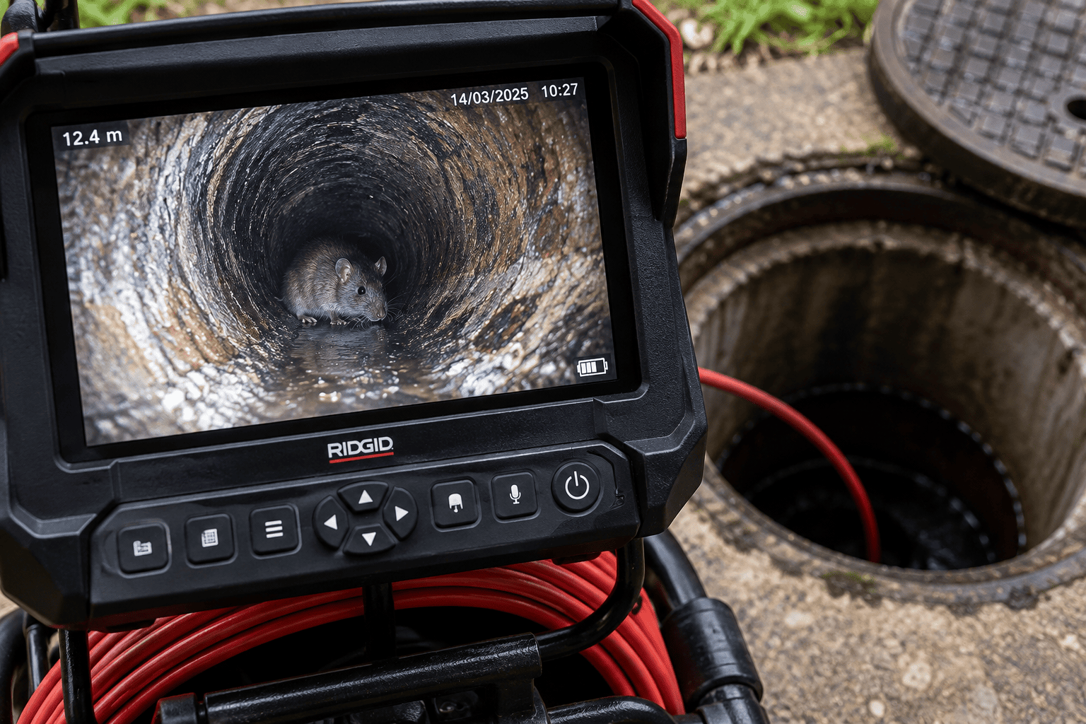CCTV rat drain survey showing a rat inside an underground drain