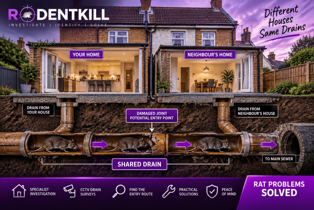 Rats travelling through shared drains beneath neighbouring UK houses