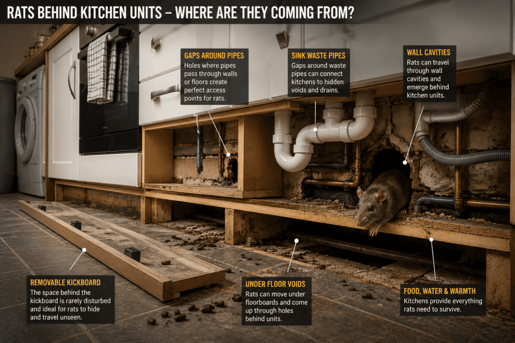 Rat behind kitchen units entering through a hidden pipe gap