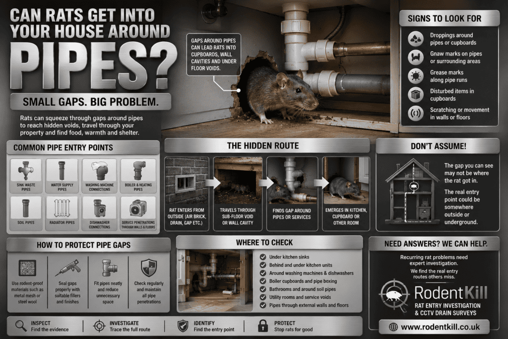 Rat entering a UK home through a gap around pipework