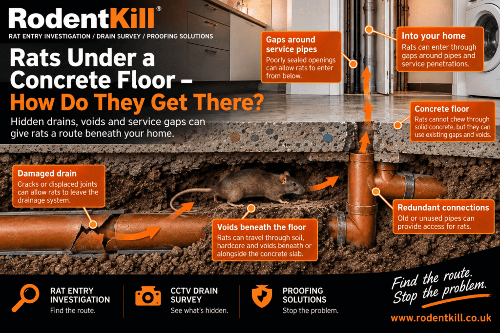 Rat beneath a concrete floor entering from damaged underground drainage in a UK home