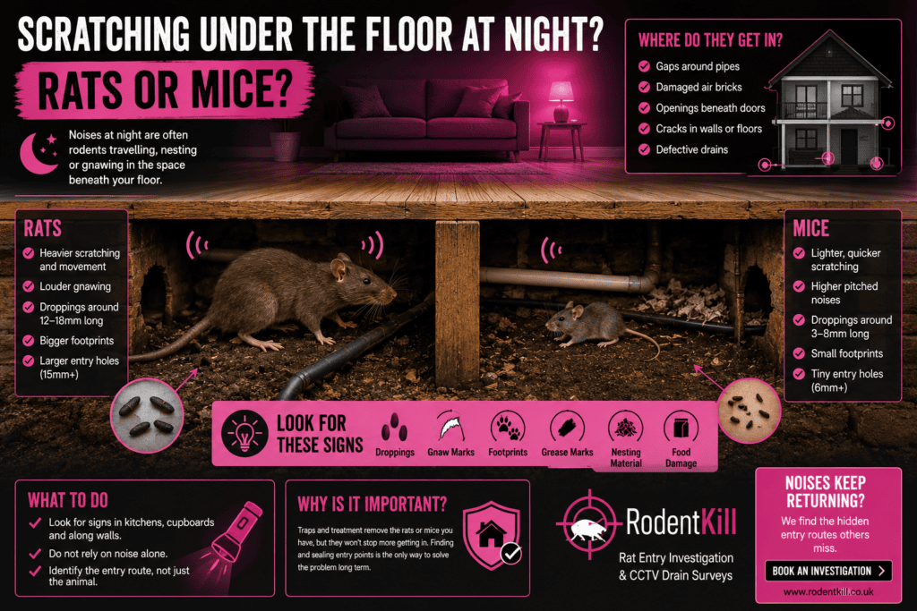 Scratching under the floor at night caused by rats or mice beneath a UK home