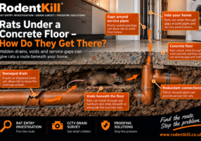 Rat beneath a concrete floor entering from damaged underground drainage in a UK home